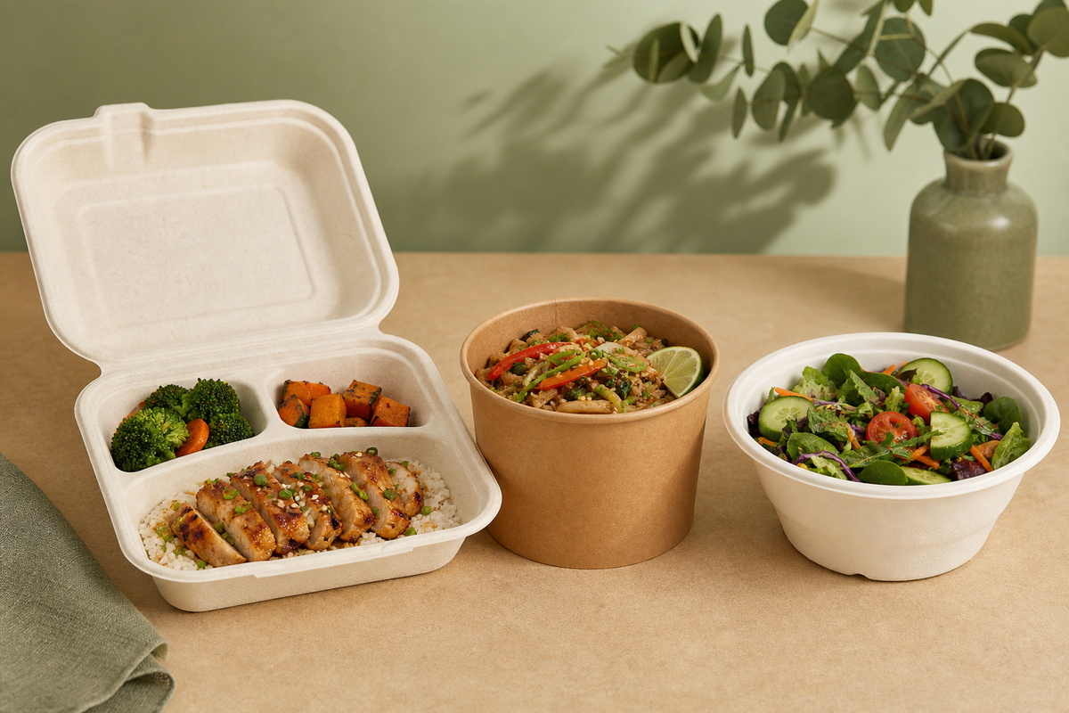 Sugarcane clamshell, kraft paper bowl and sugarcane bowl holding hot takeaway food