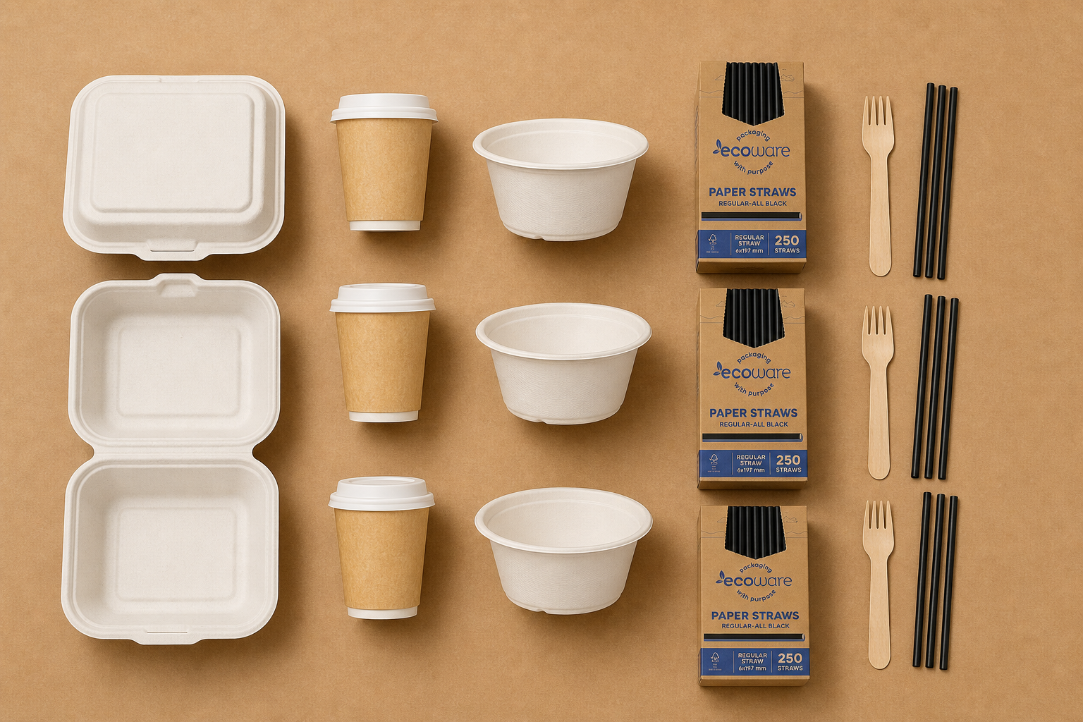 Wide flat-lay of sugarcane containers, kraft cups, wooden cutlery and paper straws