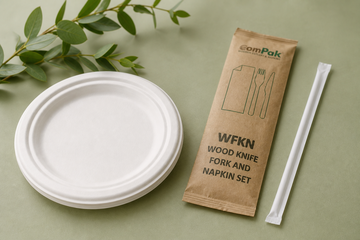 Sugarcane plates, wooden cutlery and white paper straws grouped on a sage surface with a sprig of greenery