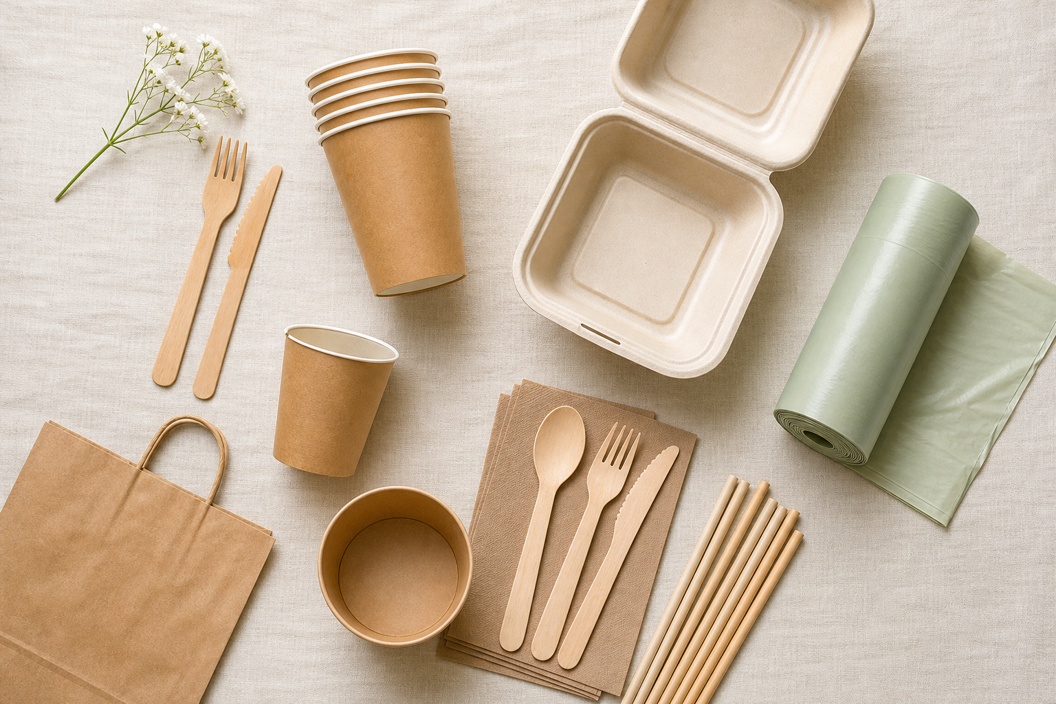 Eco-friendly wholesale supplies flat-lay - compostable cups, bamboo cutlery and kraft packaging