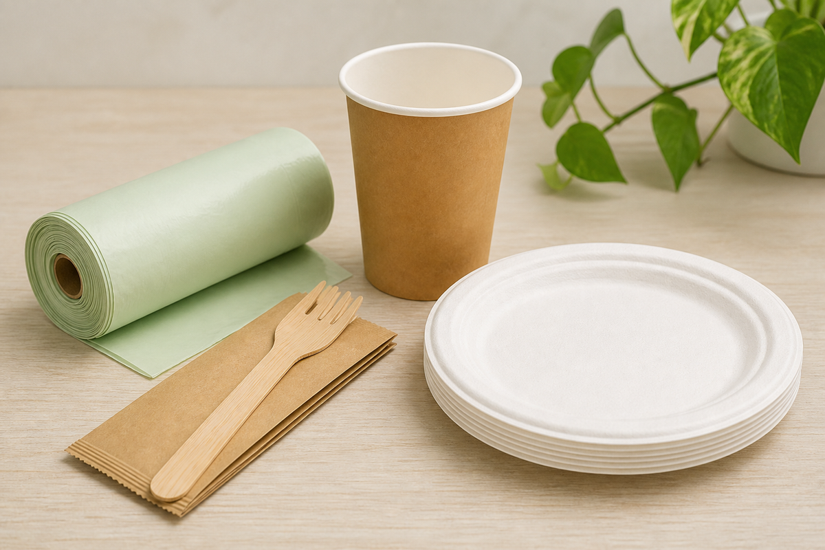 Compostable office pantry supplies - bamboo cutlery, compostable caddy liners and a plant-based cup