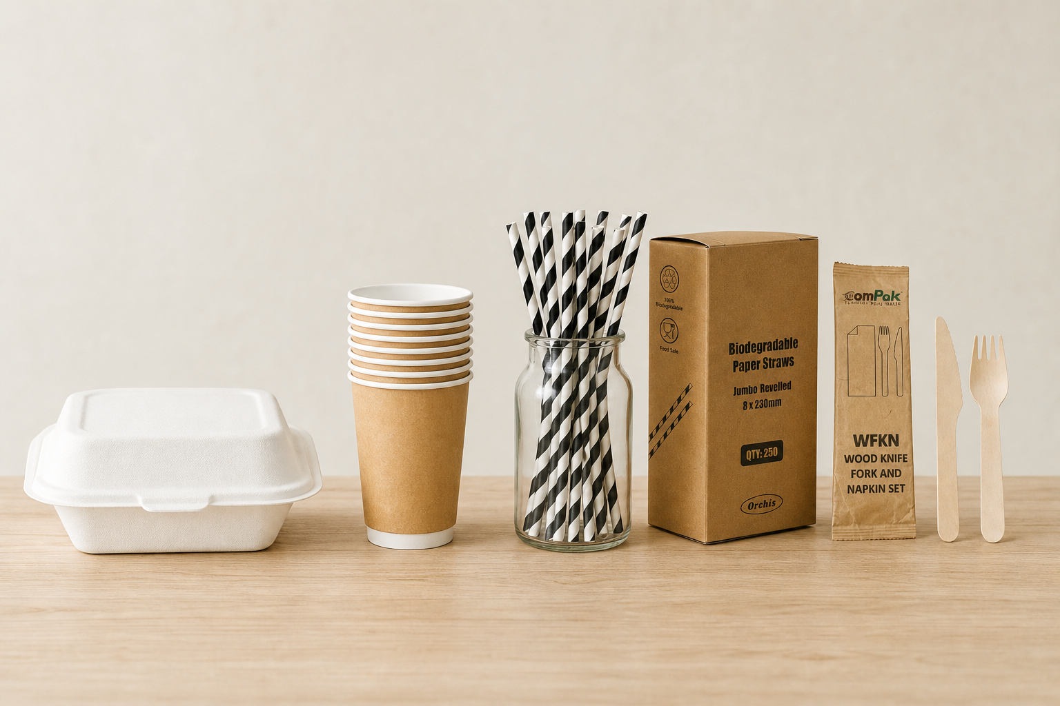 Wide view of eco packaging - sugarcane containers, kraft cups, paper straws and wooden cutlery lined up on a bench