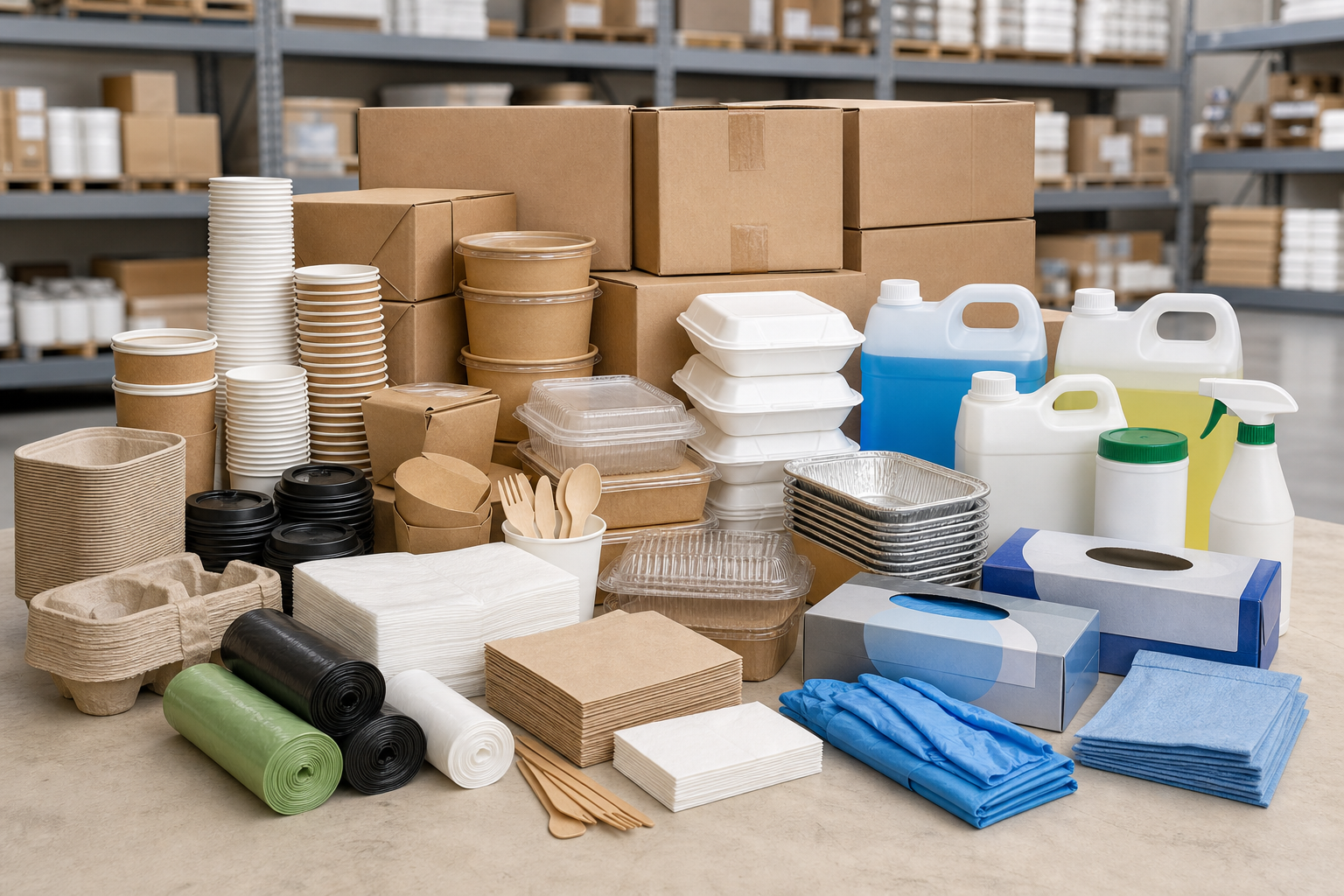 Bulk cartons of wholesale disposables and cleaning supplies organised on warehouse shelving
