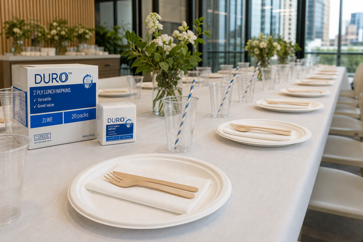 Catered event table set end to end with matching sugarcane plates, folded napkins, wooden cutlery and cold cups