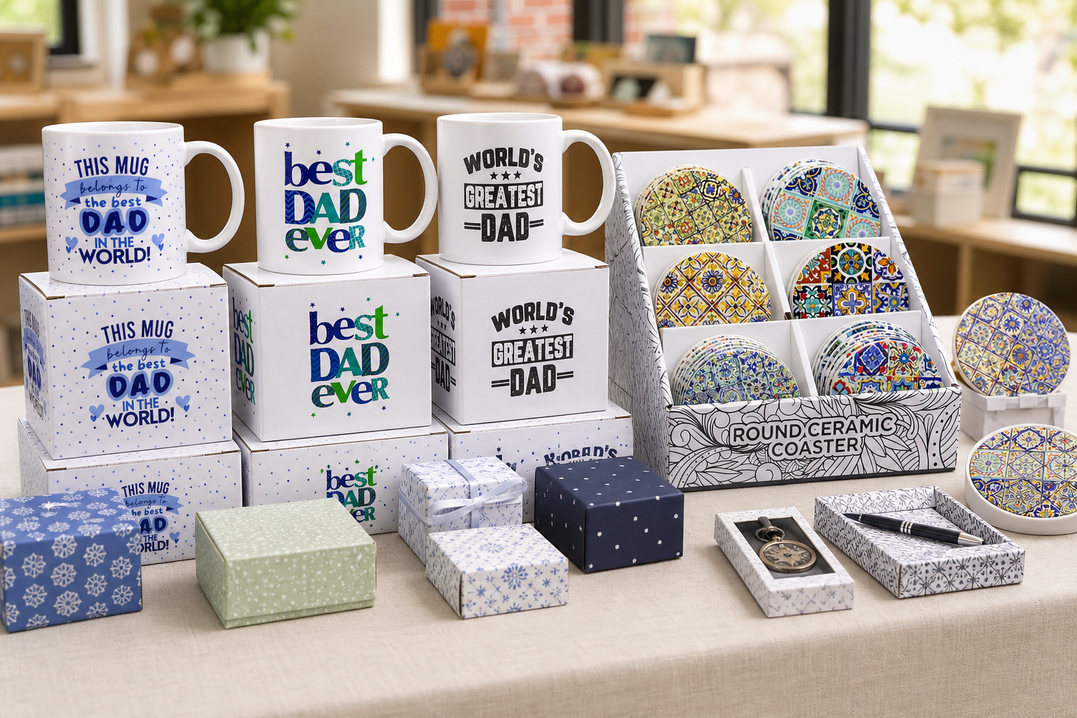 Wide view of a school Father's Day stall table lined with gift-boxed mugs, coasters and small dad gifts