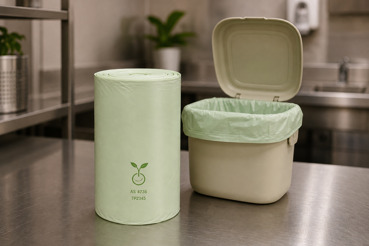 AS 4736 certified plant-based 8L compostable caddy liner in lime-green showing the seedling logo and certification number on the packaging