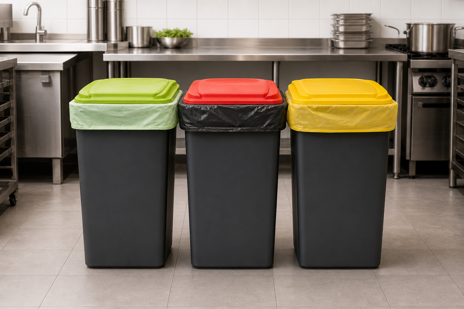 Commercial kitchen bin station with a lime-green FOGO caddy, red general-waste bin and yellow recycling bin, each with the correct liner
