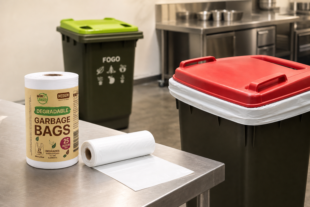 White degradable-series bin liner beside a red general-waste bin with a lime-green FOGO bin behind it, showing degradable liners are for general waste not FOGO