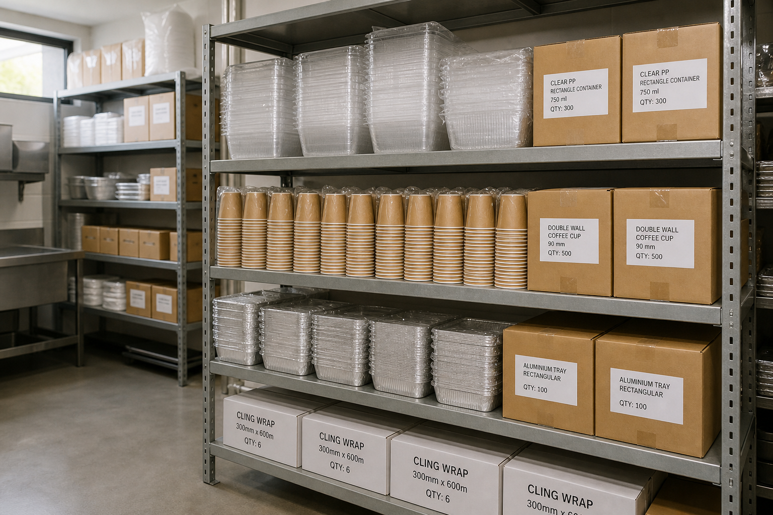 Wide view of an organised commercial kitchen storeroom with cartons of takeaway containers, cups and foil trays on shelving