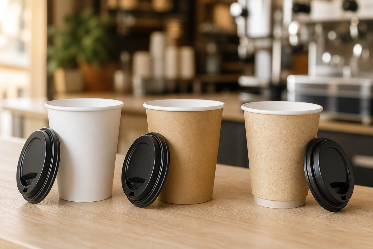 Single wall, double wall kraft and PLA-lined disposable coffee cups with matched sipper lids