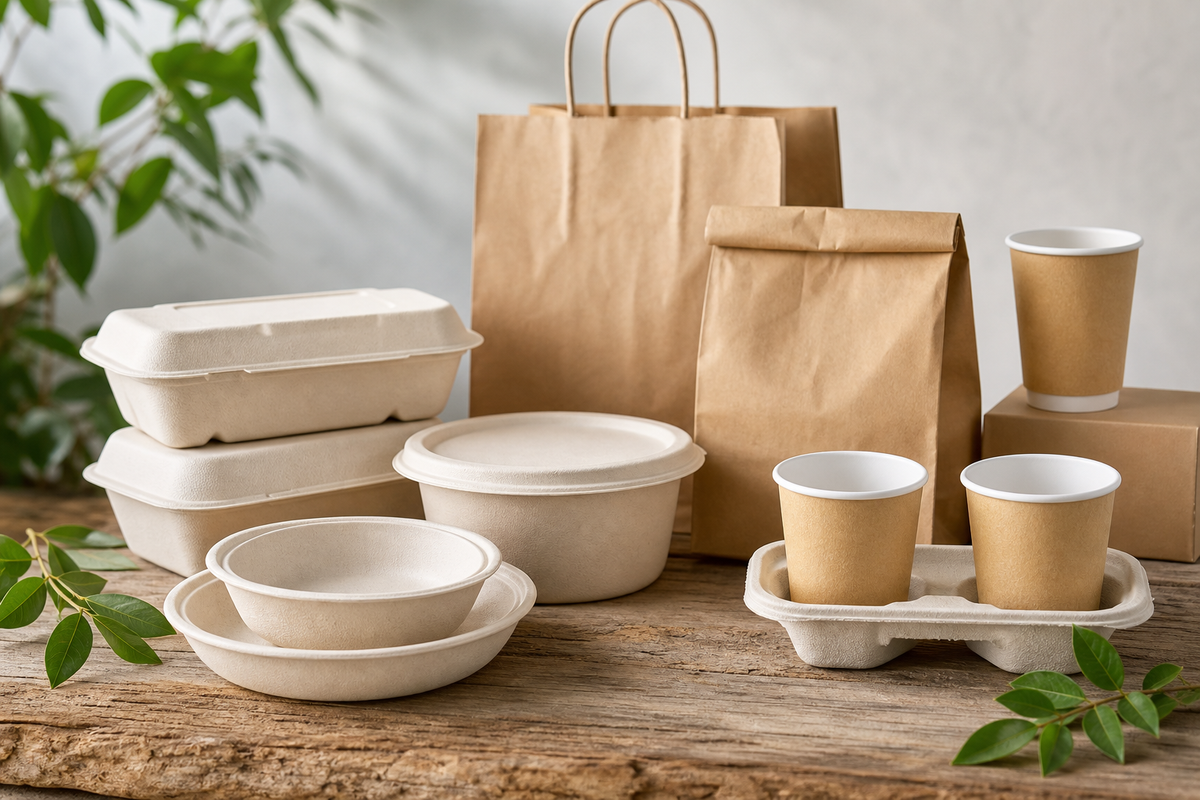 Compostable bagasse containers, kraft bags and PLA-lined cups arranged on a natural timber surface