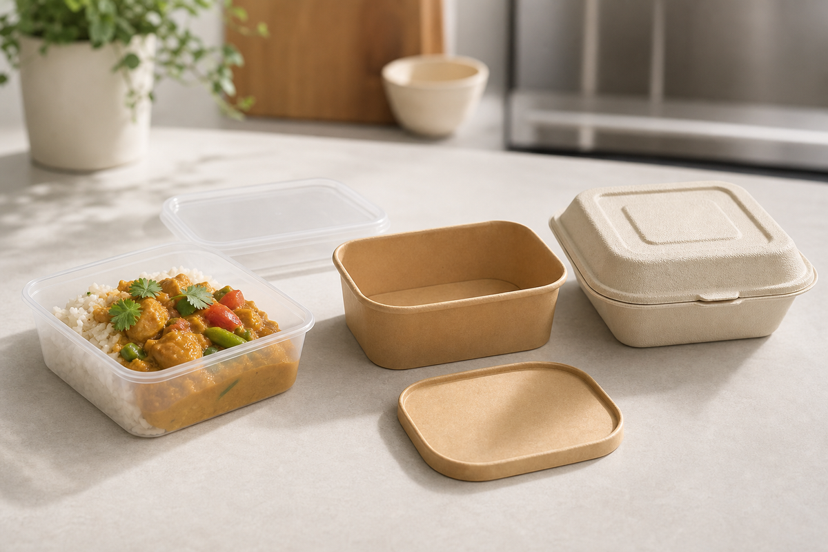 Stacked PP plastic, paperboard and bagasse takeaway containers with matched lids