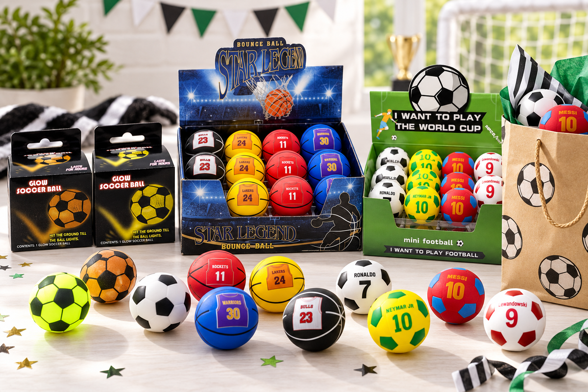 Football-themed party bag fillers - assorted high bounce soccer balls in World Cup and glow designs