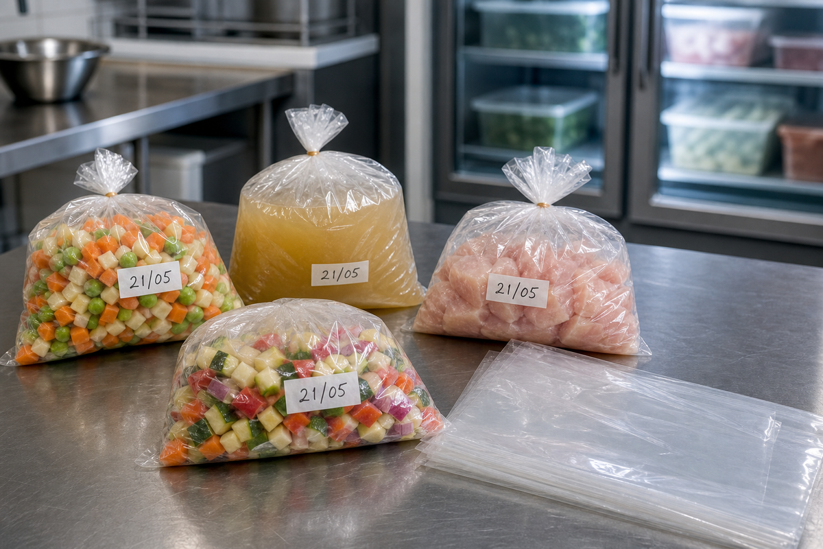 Clear LDPE freezer bags of portioned and labelled prepped food on a stainless steel kitchen bench