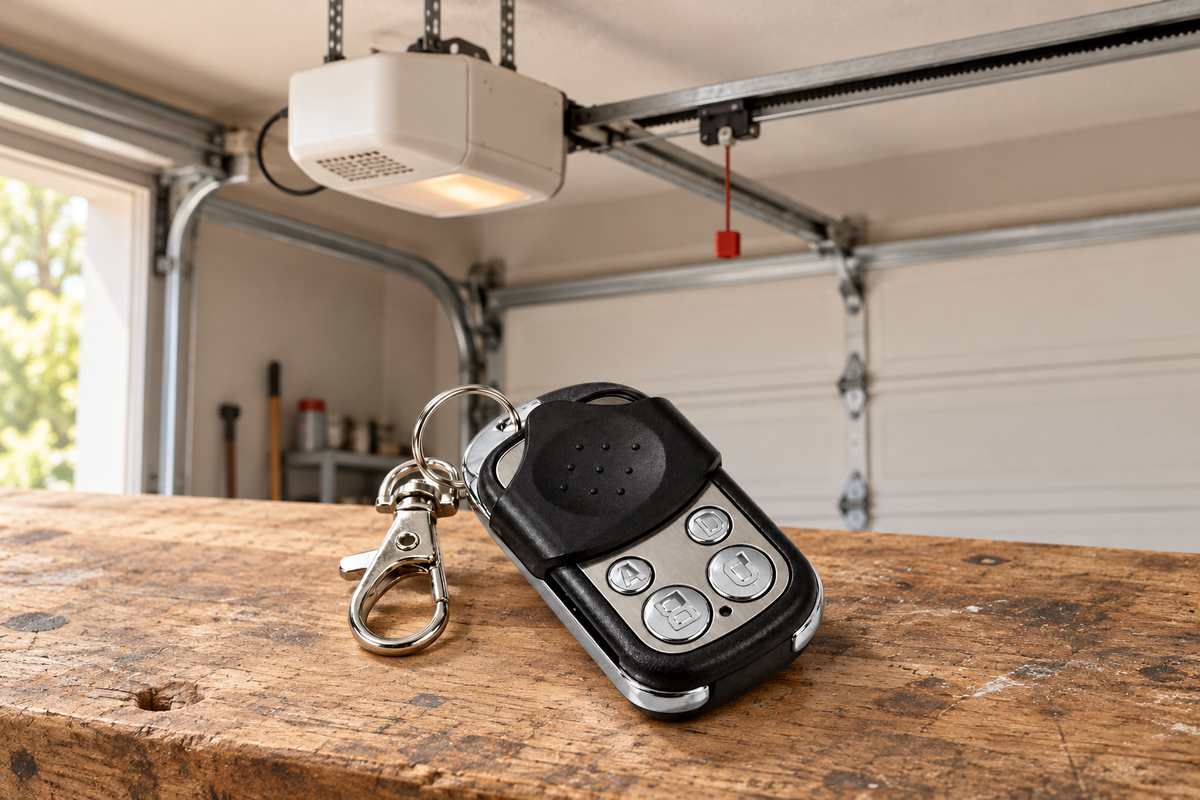 Universal 433MHz remote on a keyring next to an older garage door motor unit