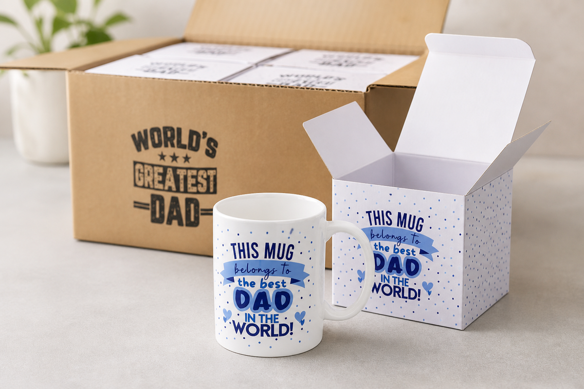 Gift-boxed 11oz new bone china Father's Day mug beside an open wholesale carton of 24