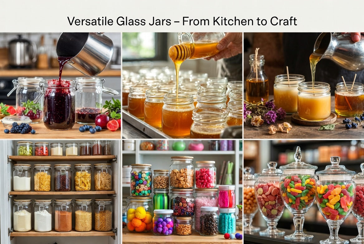 Glass jars multiple uses for jam making honey candles food storage and crafts