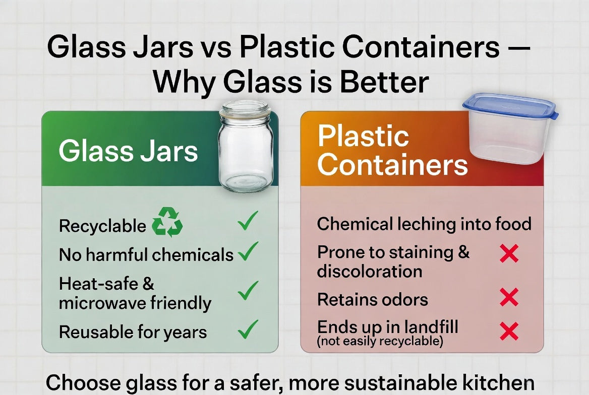 Glass jars versus plastic containers comparison showing benefits of glass