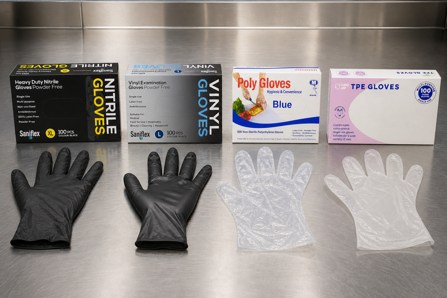Black nitrile, black vinyl, clear poly and eco TPE food handling gloves and their boxes lined up on a stainless steel bench