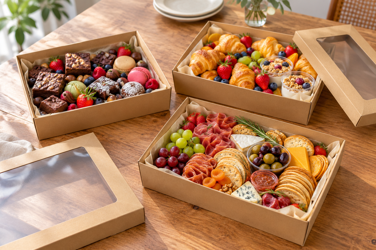 Open kraft grazing boxes filled as a charcuterie box, a dessert grazing box and a brunch box on a timber bench
