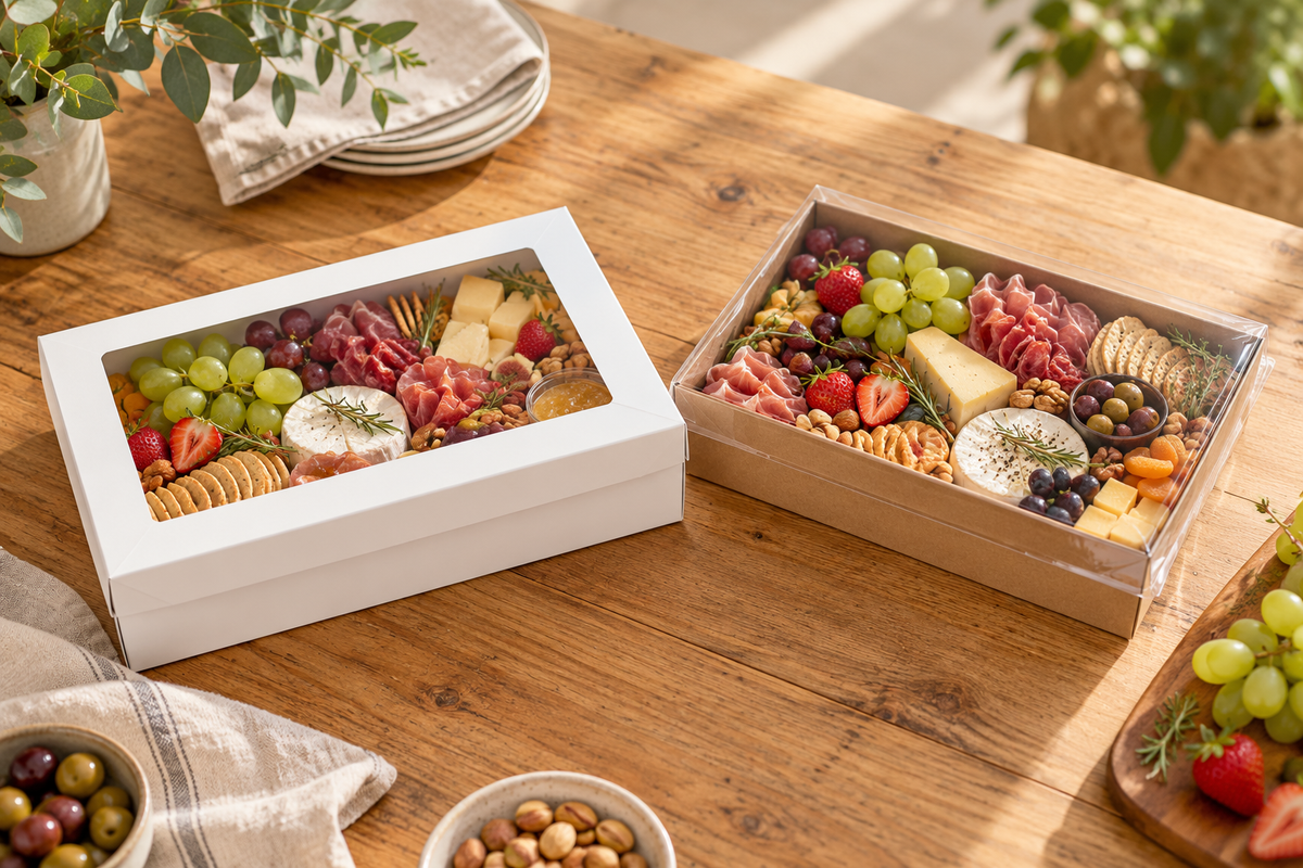 White grazing box with a paperboard window lid next to a kraft grazing box with a full clear plastic lid