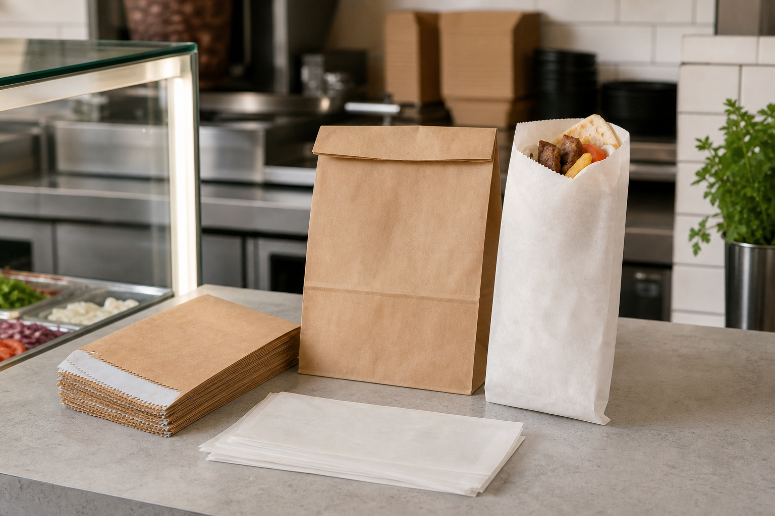 Greaseproof paper sheets and greaseproof paper bags in use at an Australian takeaway counter