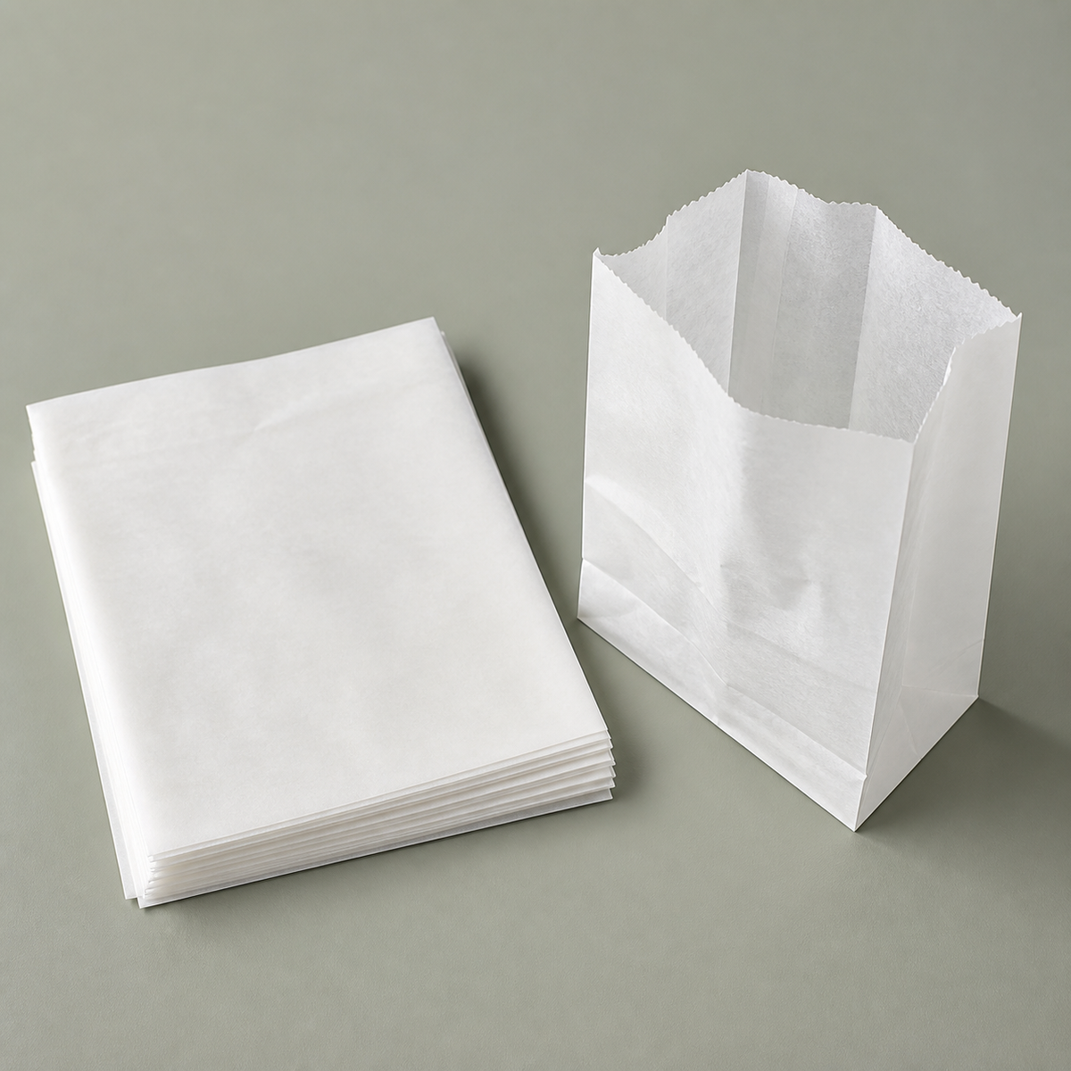 Flat greaseproof paper sheets beside white and brown greaseproof paper bags