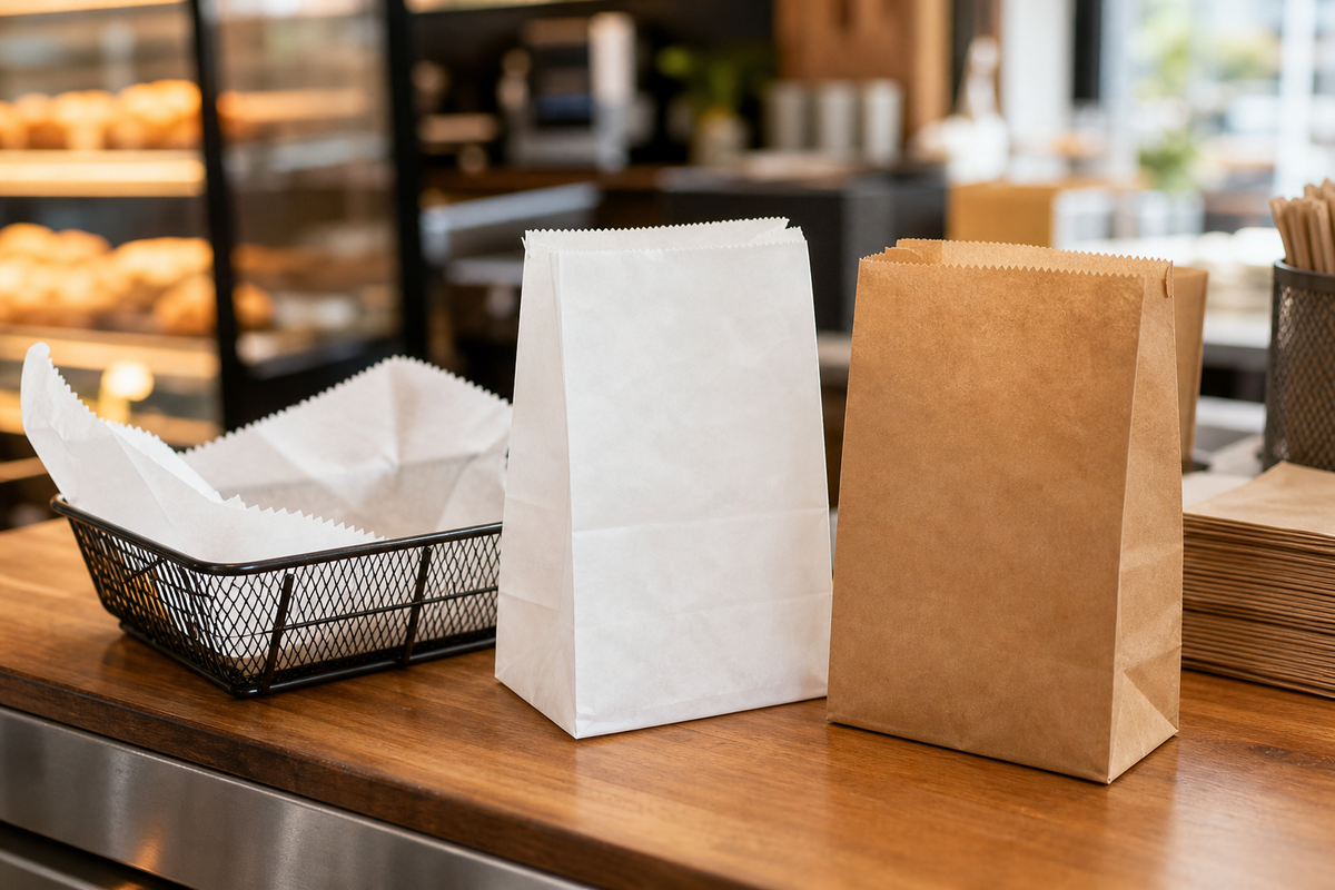 Greaseproof paper wrapping hot chips, bakery pastries and a burger in a food service kitchen