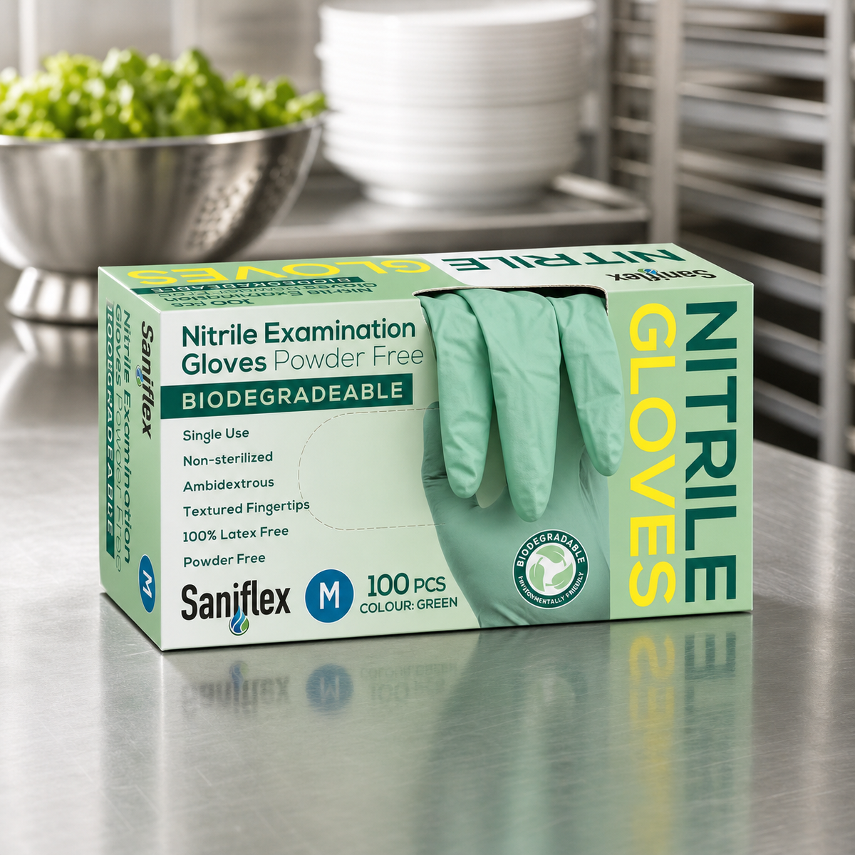 Green powder-free nitrile gloves for the low-risk food-prep zone in a commercial kitchen