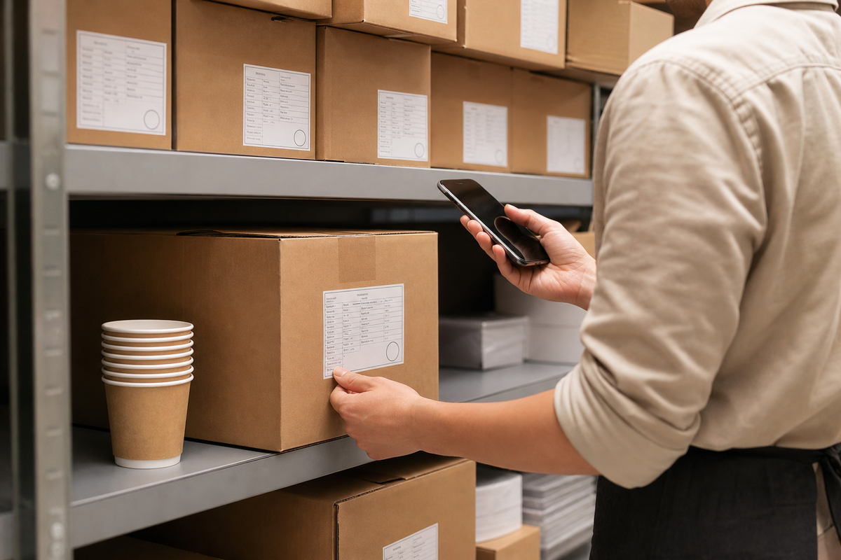 Trade buyer checking certification details on a packaging carton label in a storeroom