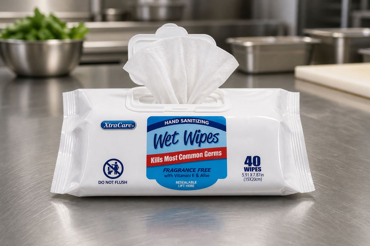 Open soft pack of 75 percent alcohol hand wipes on a stainless steel kitchen prep bench