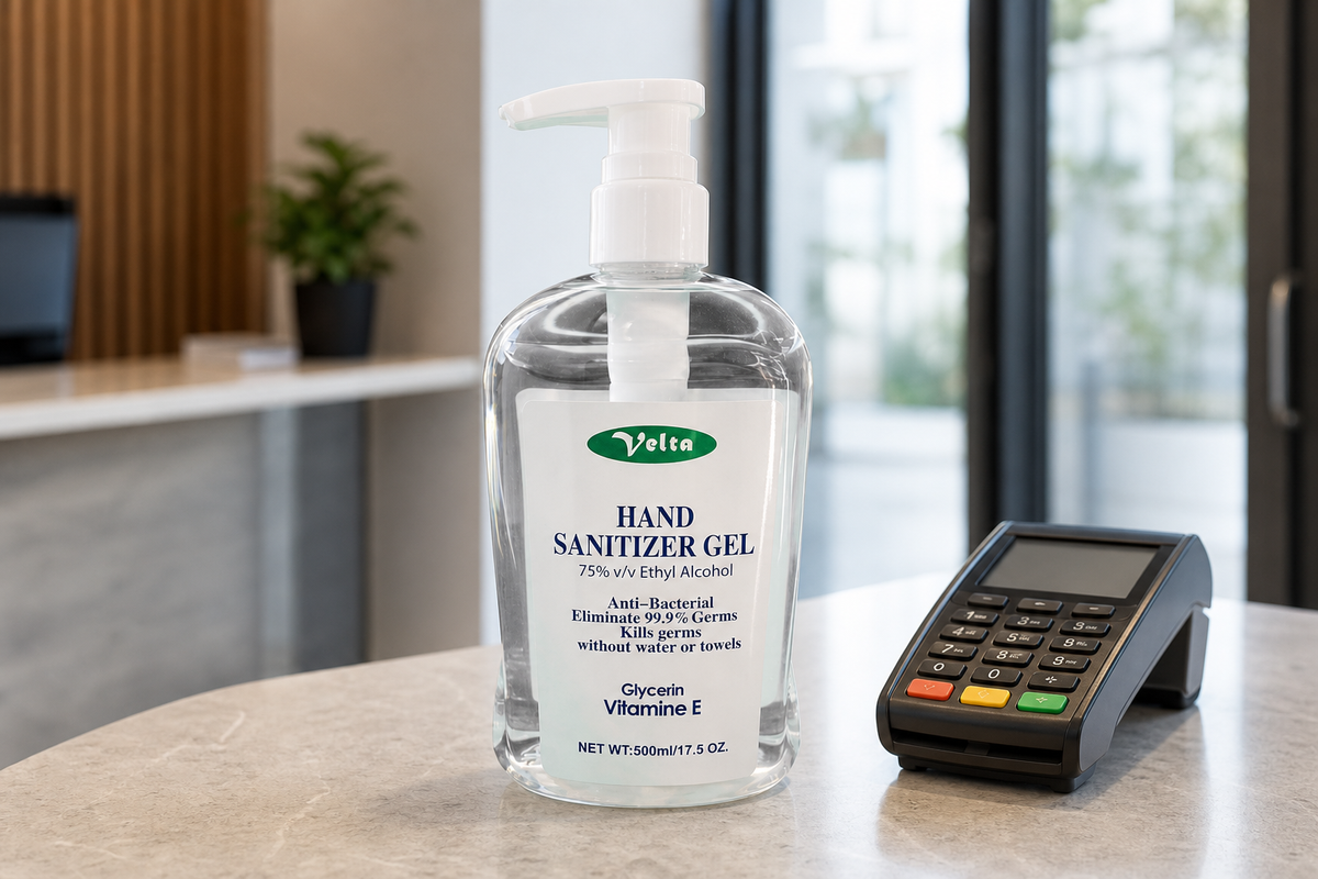 500ml pump sanitiser gel bottle on a reception counter beside a card payment terminal
