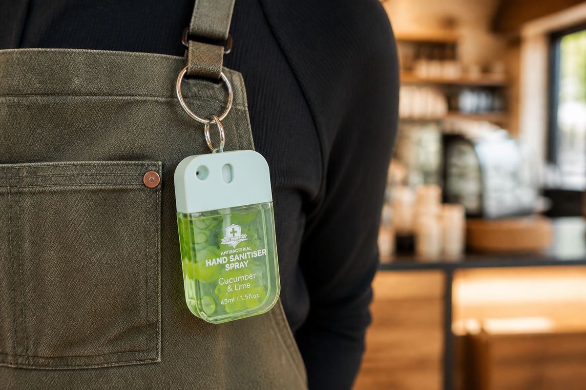 45ml keyring hand sanitiser spray clipped to a lanyard on a cafe worker's apron