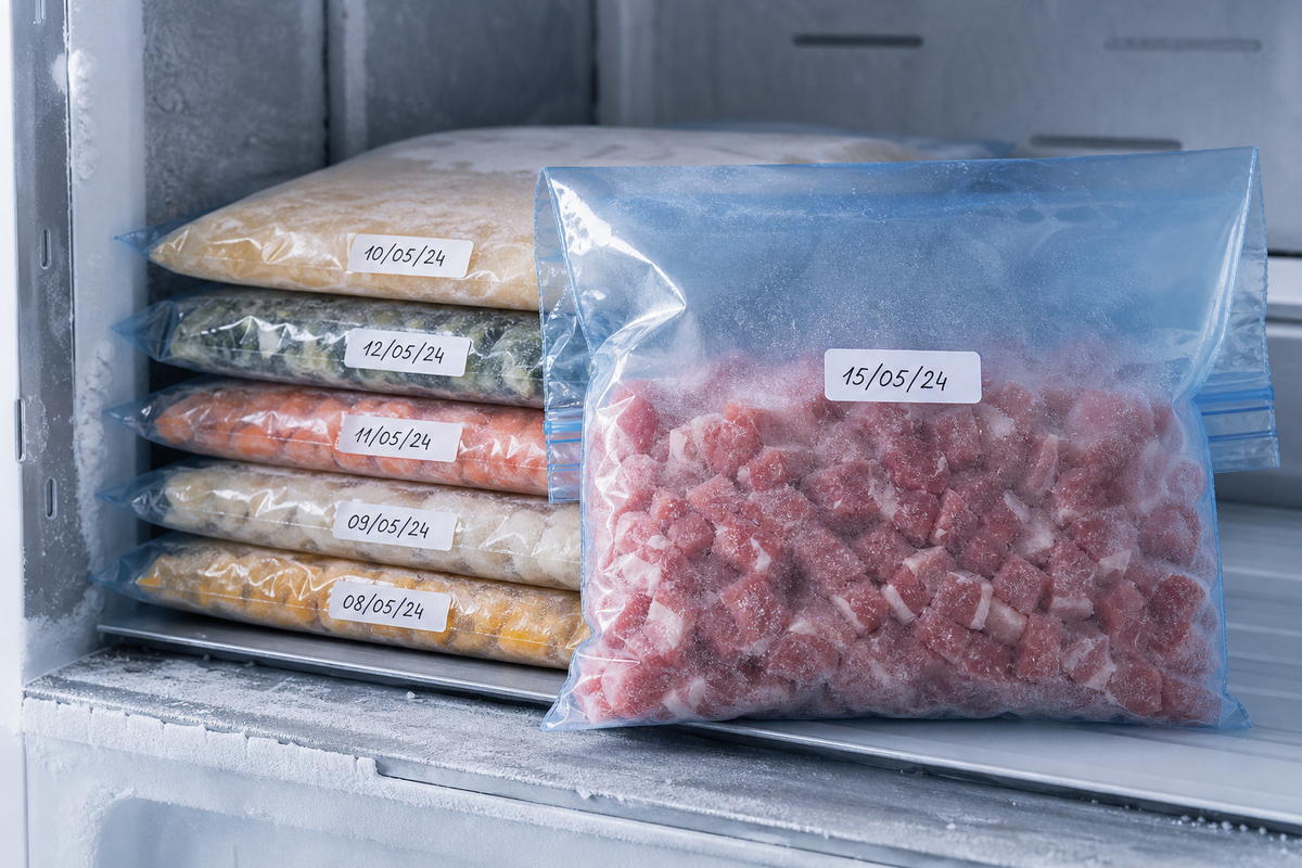 Heavy-duty freezer bags holding labelled frozen meal portions stacked in a commercial freezer