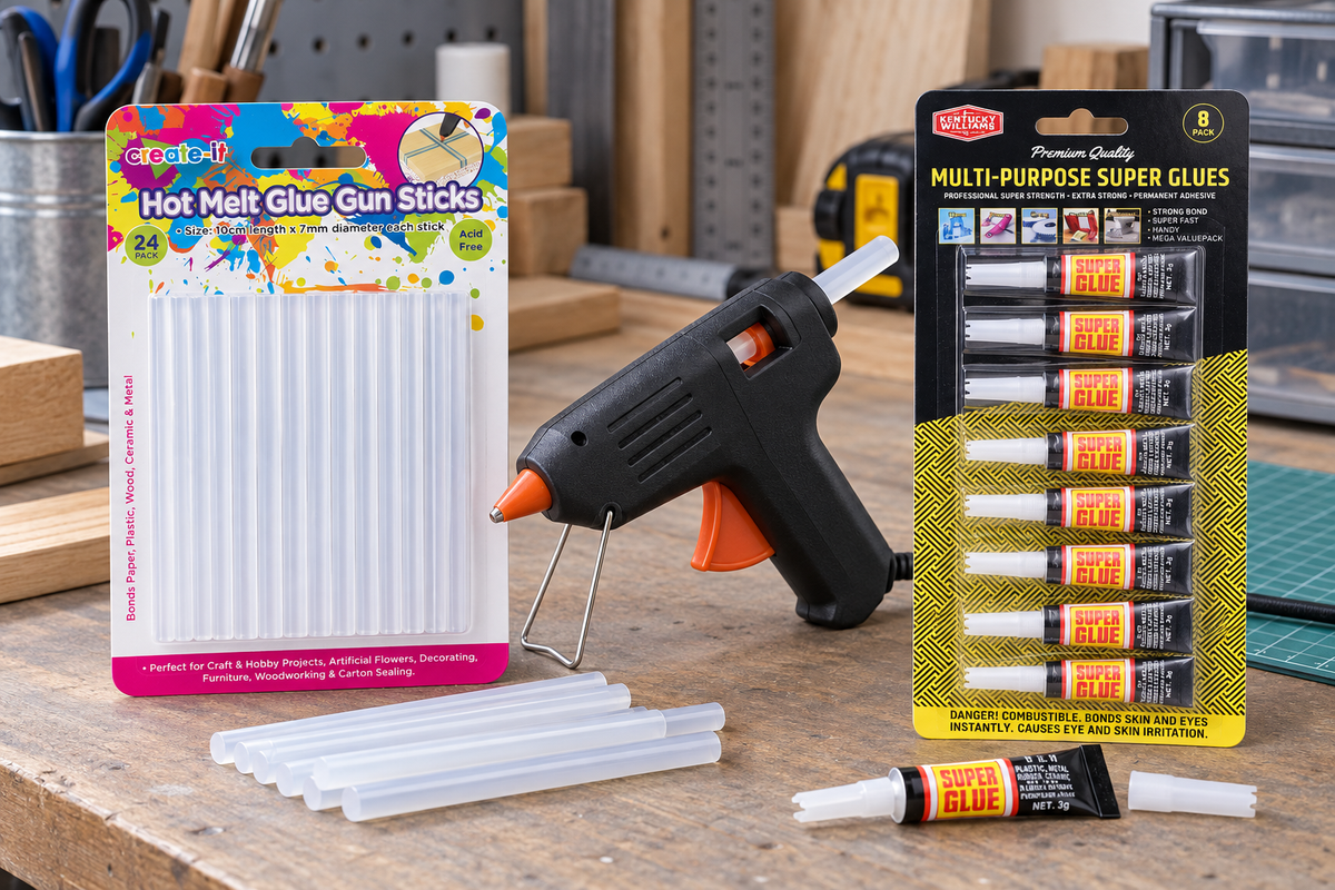 Hot melt glue gun with sticks and a super glue multipack on a workshop bench