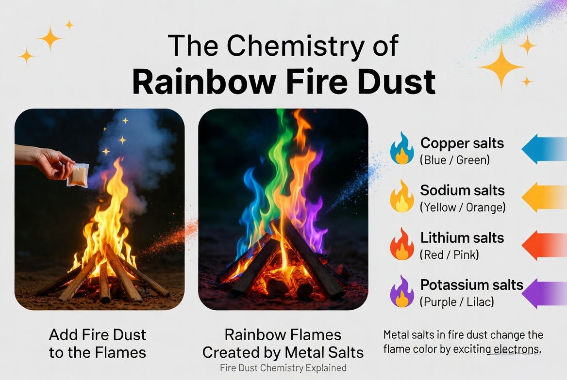 How rainbow fire dust creates colored flames infographic