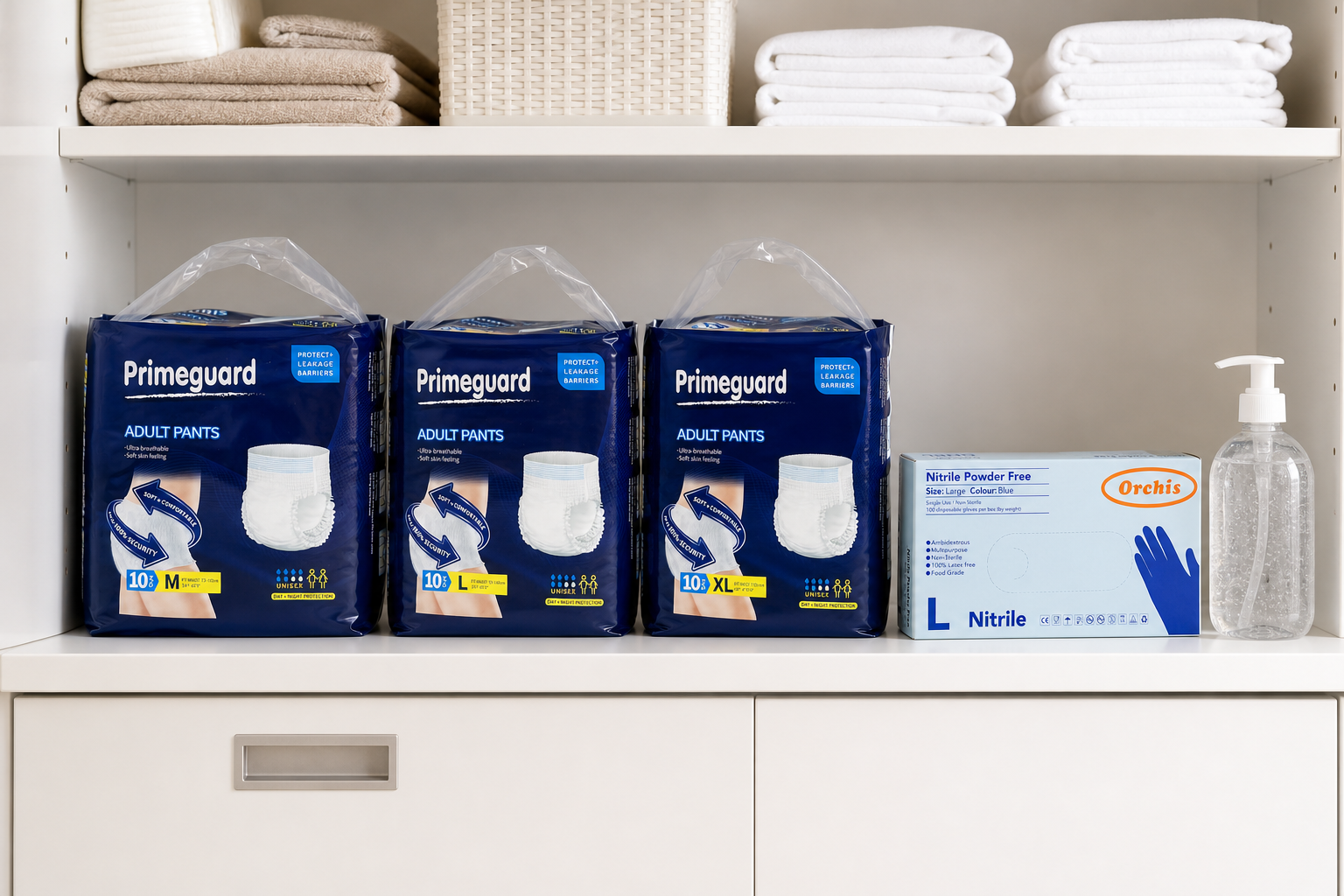 Neatly organised aged care linen cupboard stocked with disposable incontinence underwear and hygiene supplies
