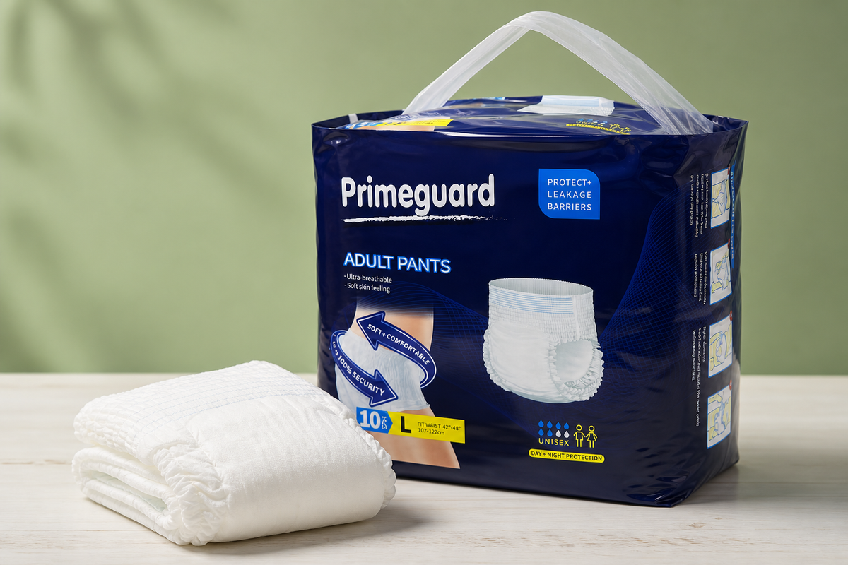 Unisex disposable pull-up incontinence underwear pack with a folded pull-up on a clean care shelf