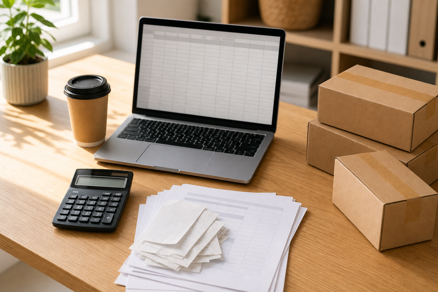 Small business EOFY tax planning desk with calculator, invoices and a few stacked supply boxes