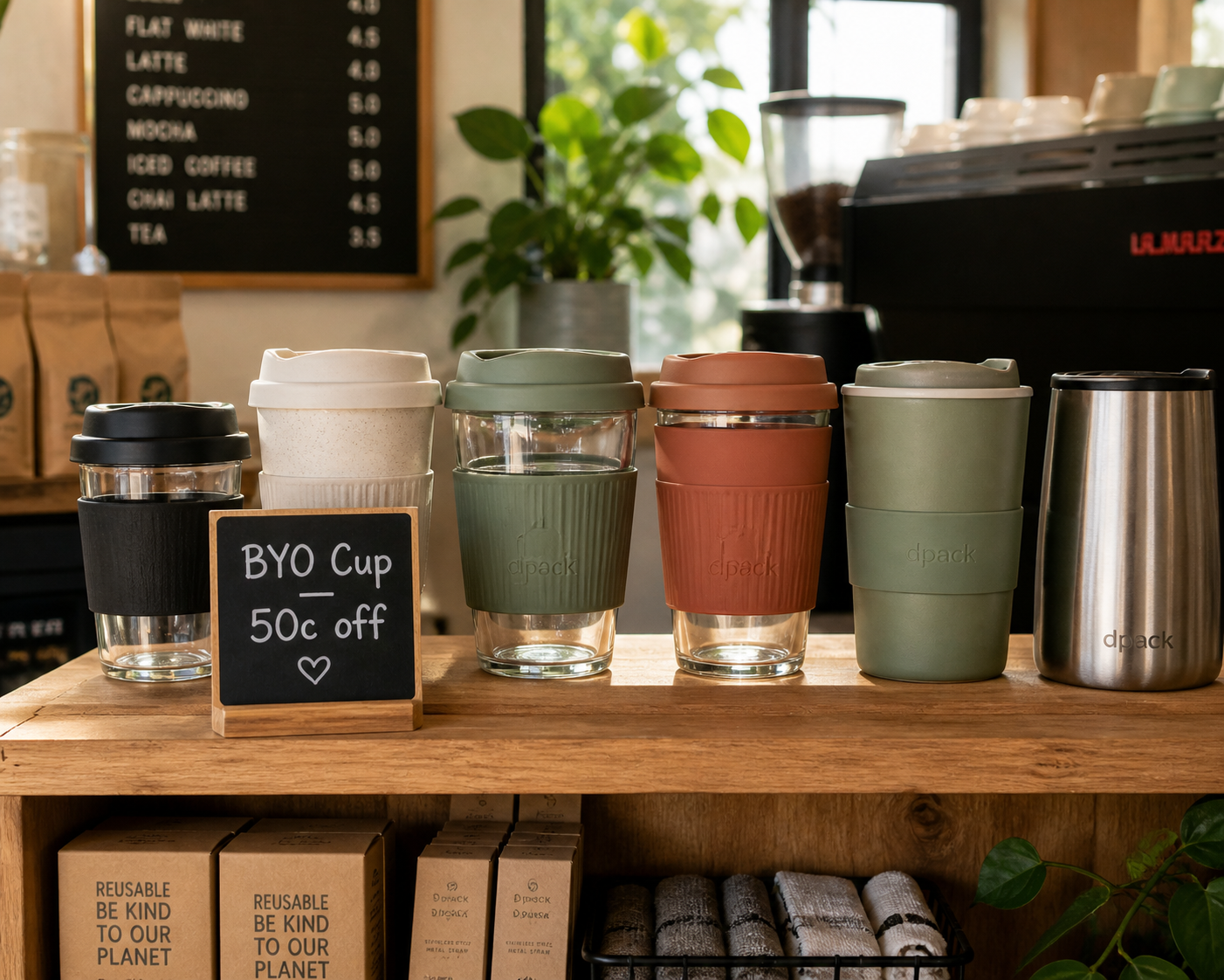 Keep cups wholesale Melbourne - reusable glass and ceramic travel cups stacked at cafe register