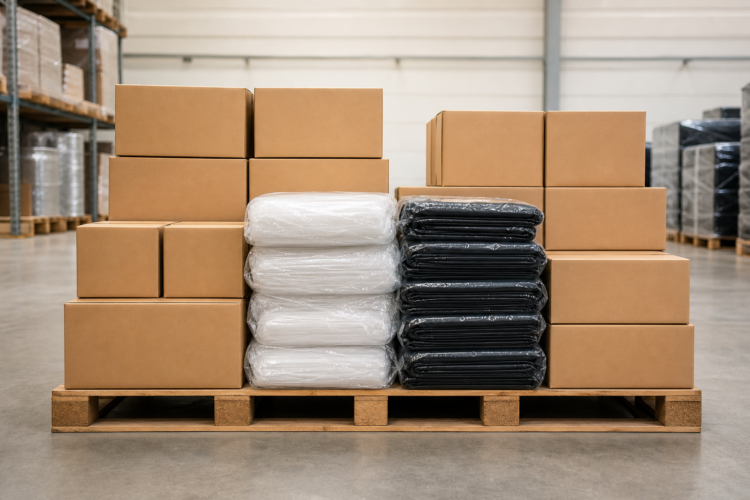 Cartons of LDPE poly bags including produce, freezer and bin liner bags stacked in a wholesale warehouse