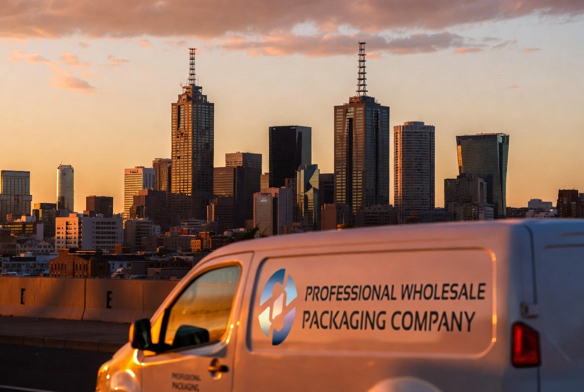 Local Melbourne wholesale supplier delivery van with CBD skyline supporting food service businesses