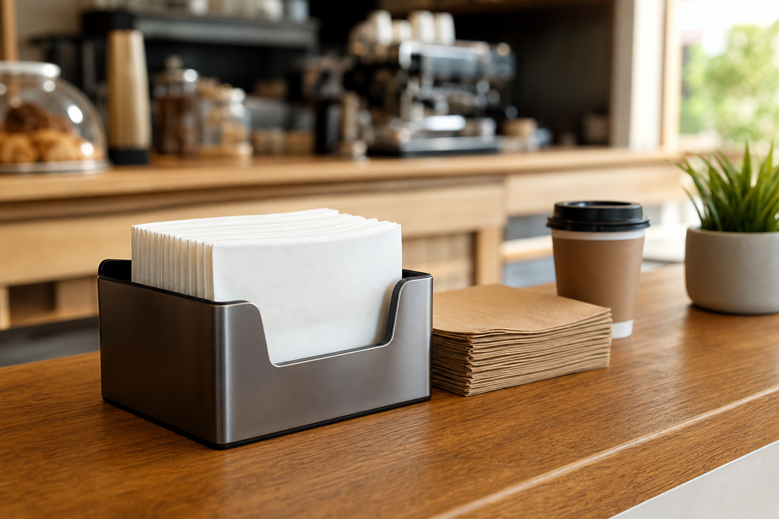 Lunch napkins stacked in a counter dispenser at a casual cafe service point