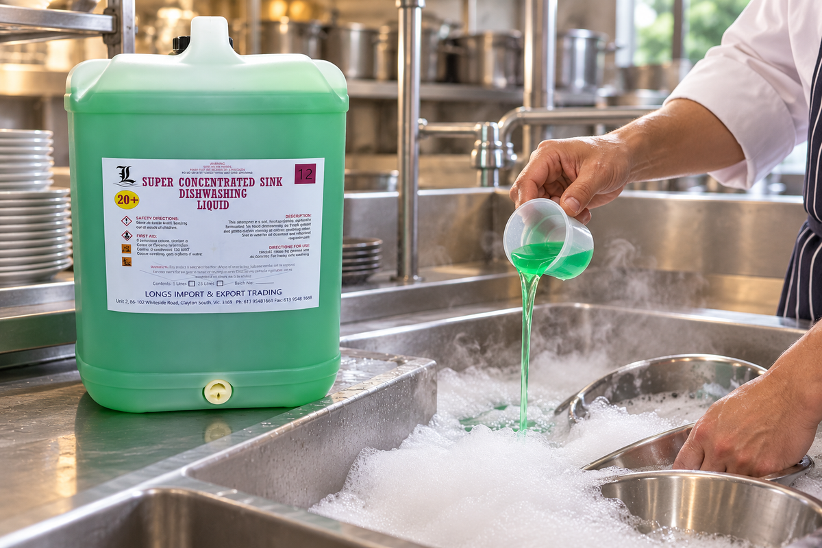 Pouring concentrated hand dishwashing liquid into a stainless-steel commercial kitchen sink full of suds.