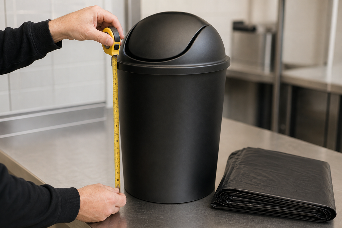 Tape measure against a commercial bin to size a bin liner by height and circumference