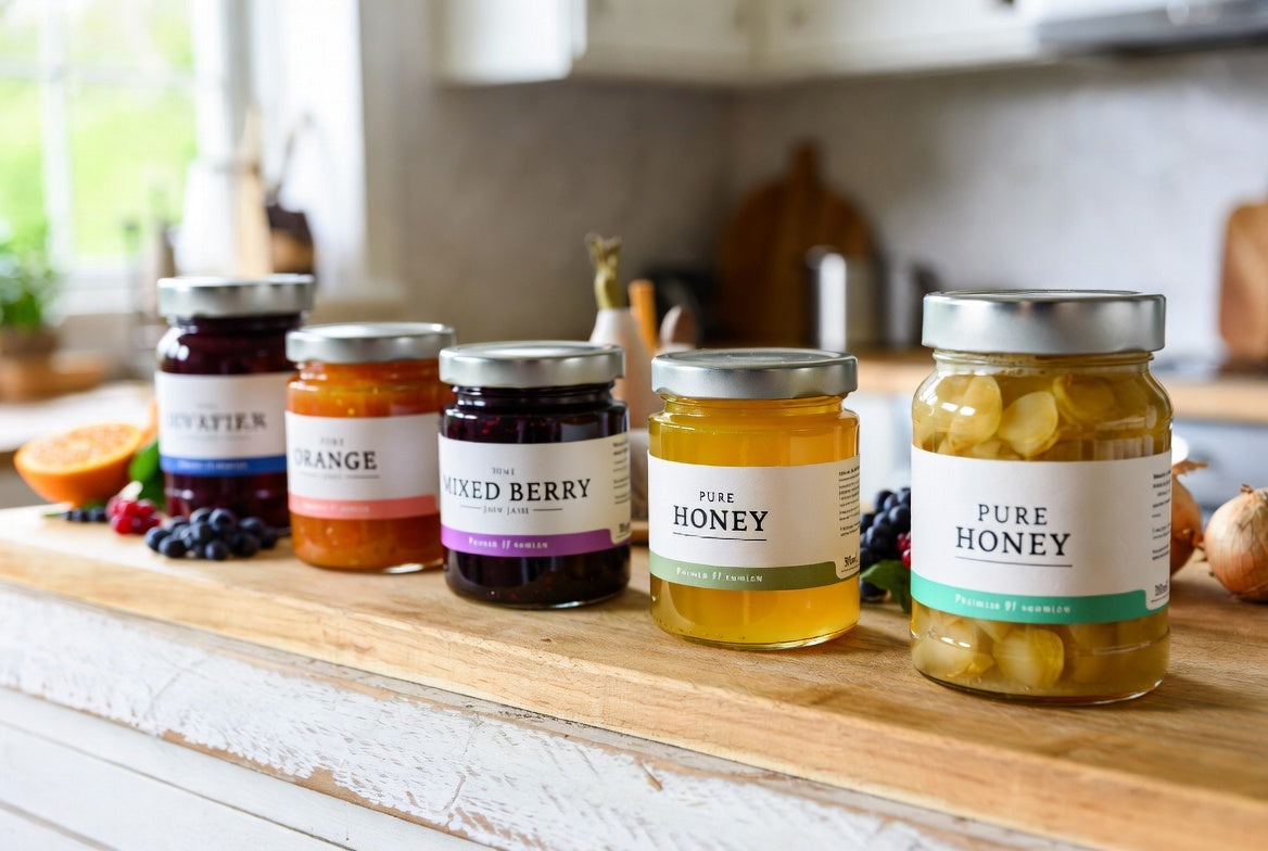 Medium glass jars 300ML 450ML for jam honey and preserves with product labels