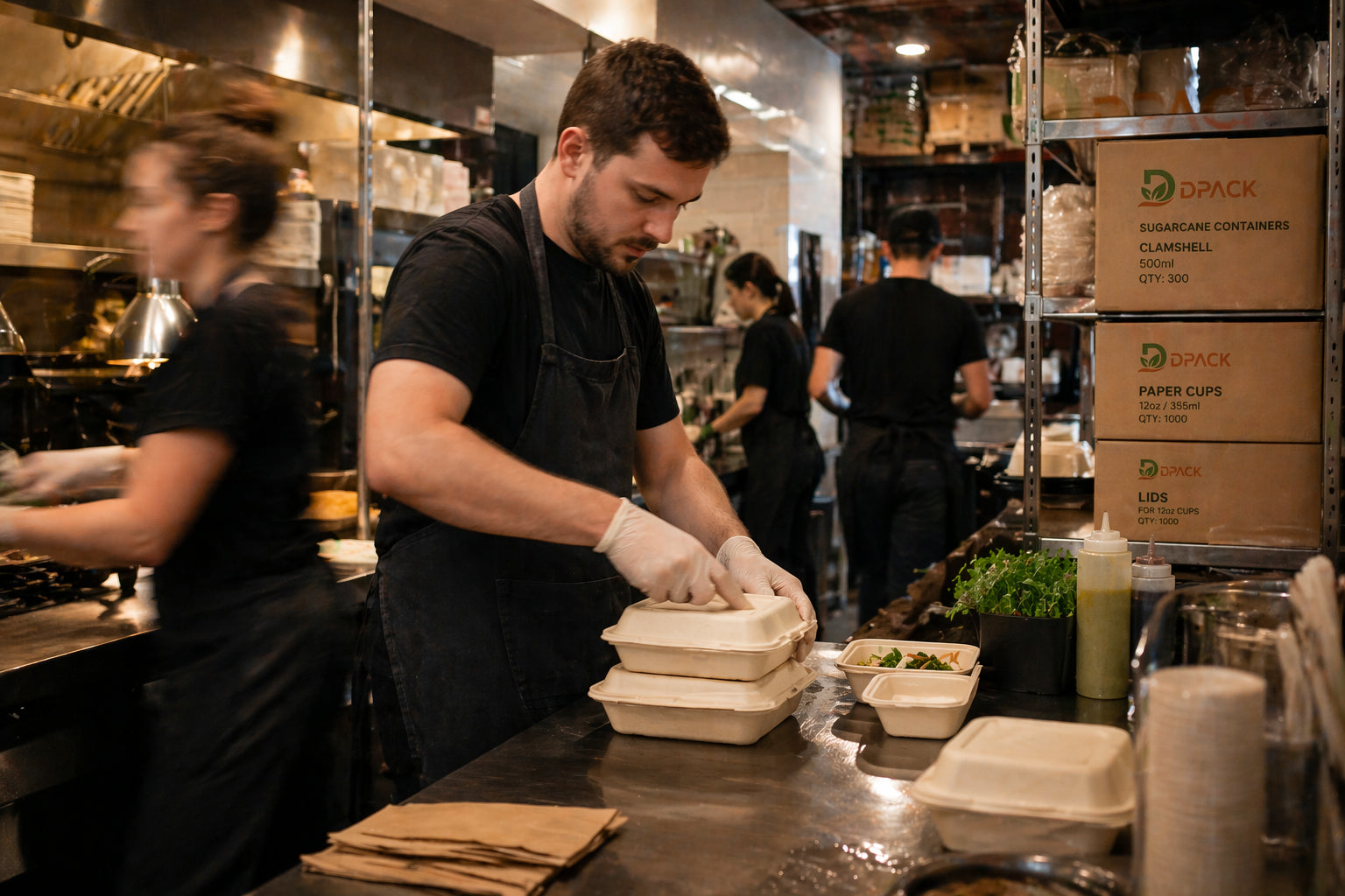 Melbourne restaurant kitchen staff receiving wholesale eco-friendly packaging delivery