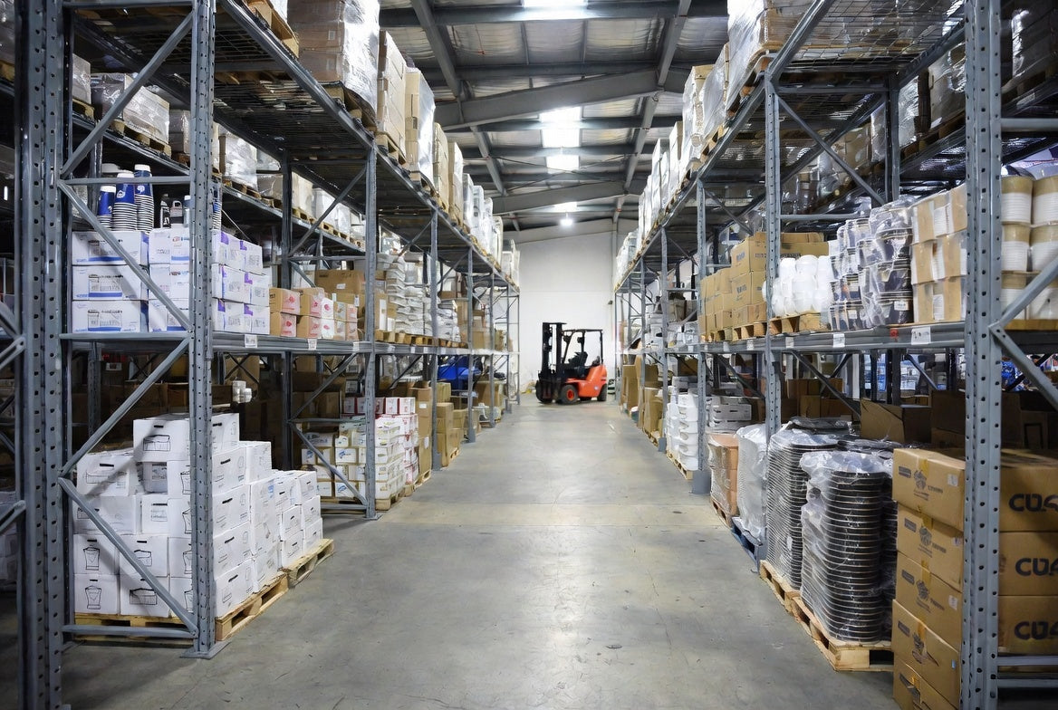 Melbourne wholesale packaging warehouse interior with disposable cups containers and bulk supplies on shelves