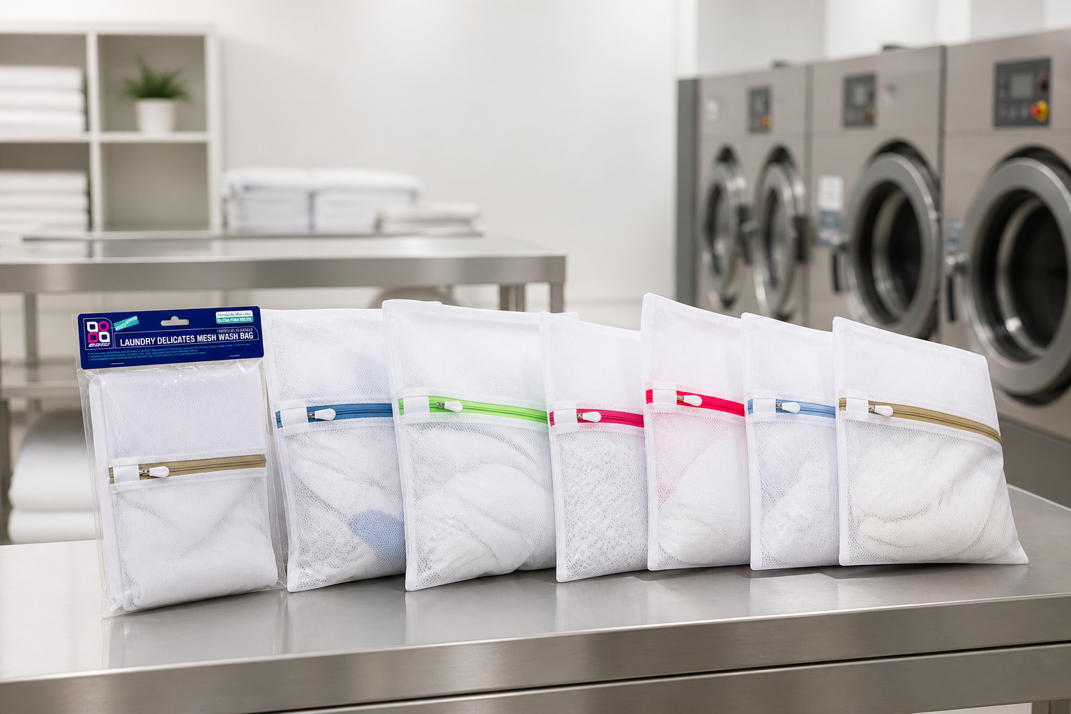 Zip-close mesh laundry bags sorted on a commercial laundry linen-room shelf