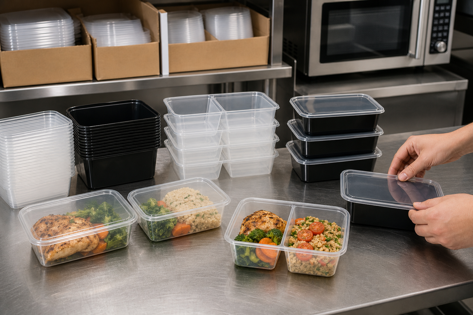 Meal-prep production line with PP containers being filled and lidded, cartons stacked behind and a commercial microwave in view